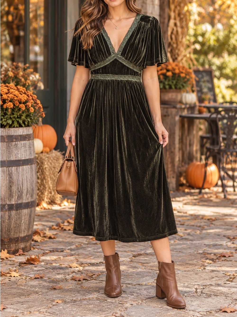 Zilcremo -Olive Green Velvet Lace-Trim Midi Dress Size Medium